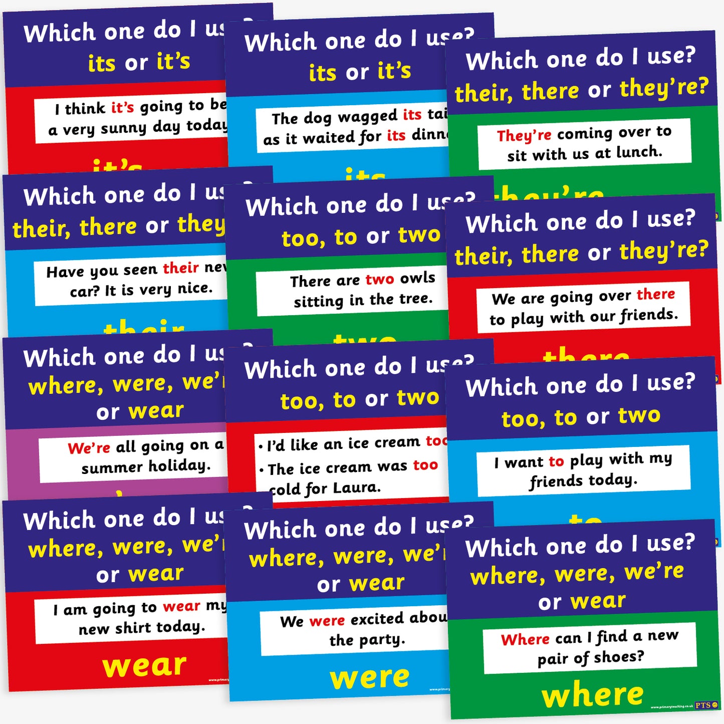 Set of 12 A4-sized educational posters, each addressing common literacy confusions such as 'its or it's', 'their, there or they're', 'too, to or two', and 'where, were, we're or wear'. Each poster features a bold heading, a clear example sentence, and a highlighted correct usage, all set against a colourful background to aid classroom learning