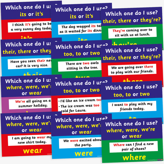 Set of 12 A4-sized educational posters, each addressing common literacy confusions such as 'its or it's', 'their, there or they're', 'too, to or two', and 'where, were, we're or wear'. Each poster features a bold heading, a clear example sentence, and a highlighted correct usage, all set against a colourful background to aid classroom learning