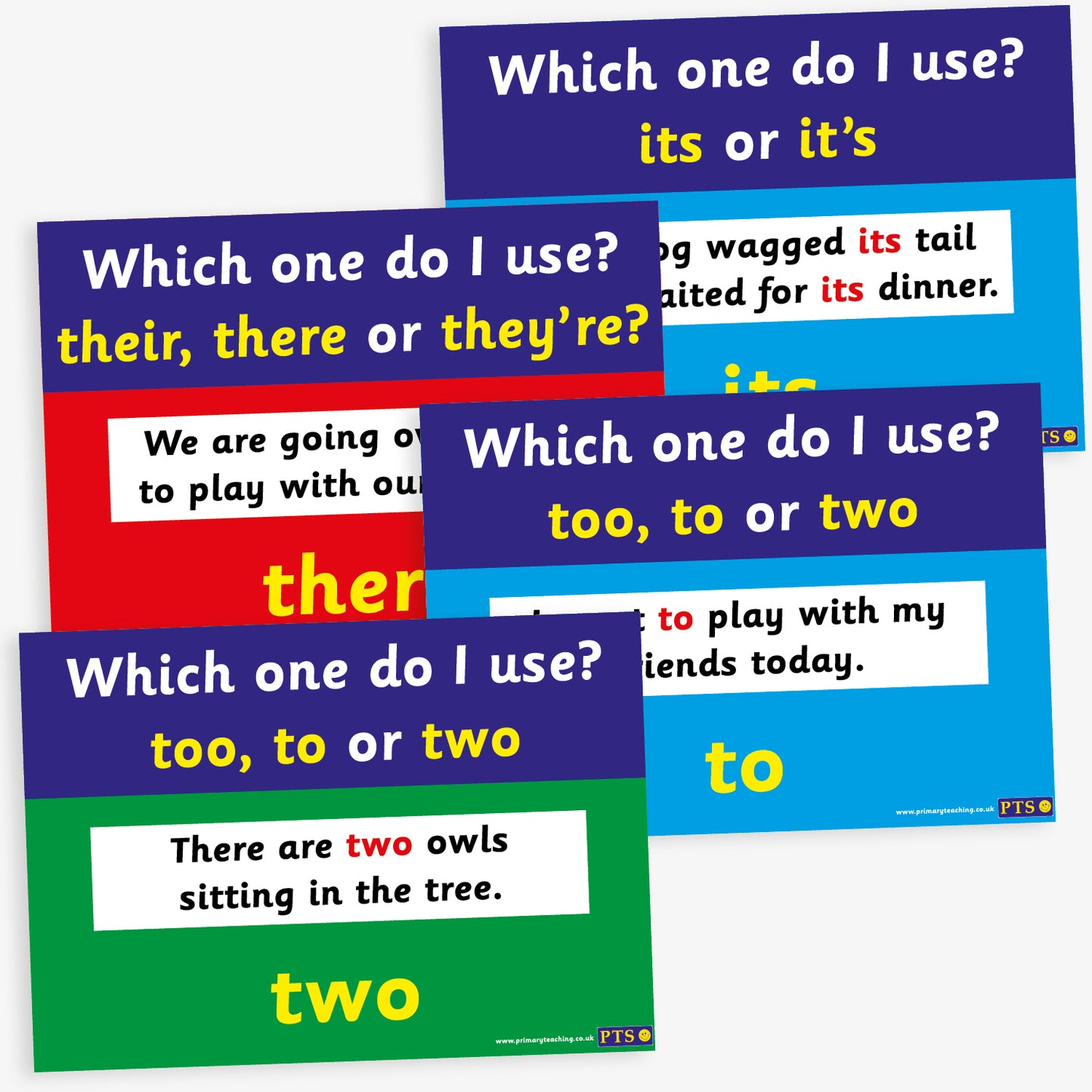 Set of 4 A4-sized educational posters, each addressing common literacy confusions including: 'their, there or they're', 'its or it's', and 'too, to or two'. Each poster features a bold heading, a clear example sentence, and a highlighted correct usage, all set against a colourful background to aid classroom learning