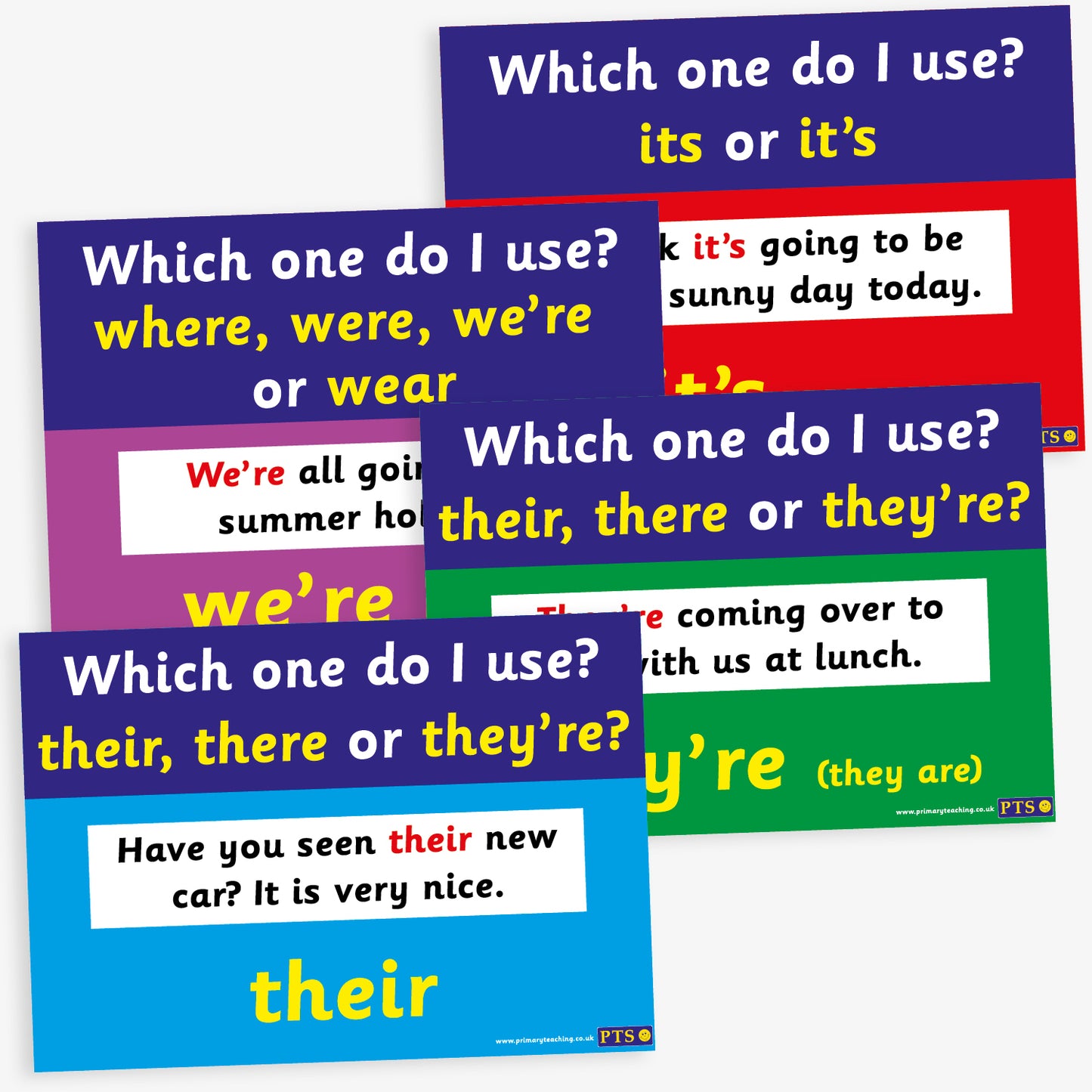 Set of 4 A4-sized educational posters, each addressing common literacy confusions including: 'their, there or they're', 'its or it's', and 'where, were, we're or wear'. Each poster features a bold heading, a clear example sentence, and a highlighted correct usage, all set against a colourful background to aid classroom learning