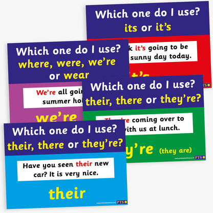 Set of 4 A4-sized educational posters, each addressing common literacy confusions including: 'their, there or they're', 'its or it's', and 'where, were, we're or wear'. Each poster features a bold heading, a clear example sentence, and a highlighted correct usage, all set against a colourful background to aid classroom learning
