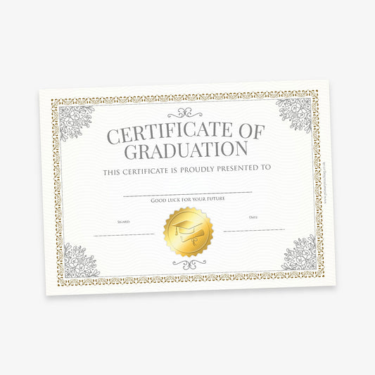 Elegant Certificate of Graduation with a cream background and ornate grey floral borders in each corner. The title 'CERTIFICATE OF GRADUATION' is centred in capital letters. Below is space to write the recipient’s name and other details, including 'Good luck for your future' above a gold embossed seal featuring a mortarboard and ribbon design. Lines for 'Signature' and 'Date' appear at the bottom
