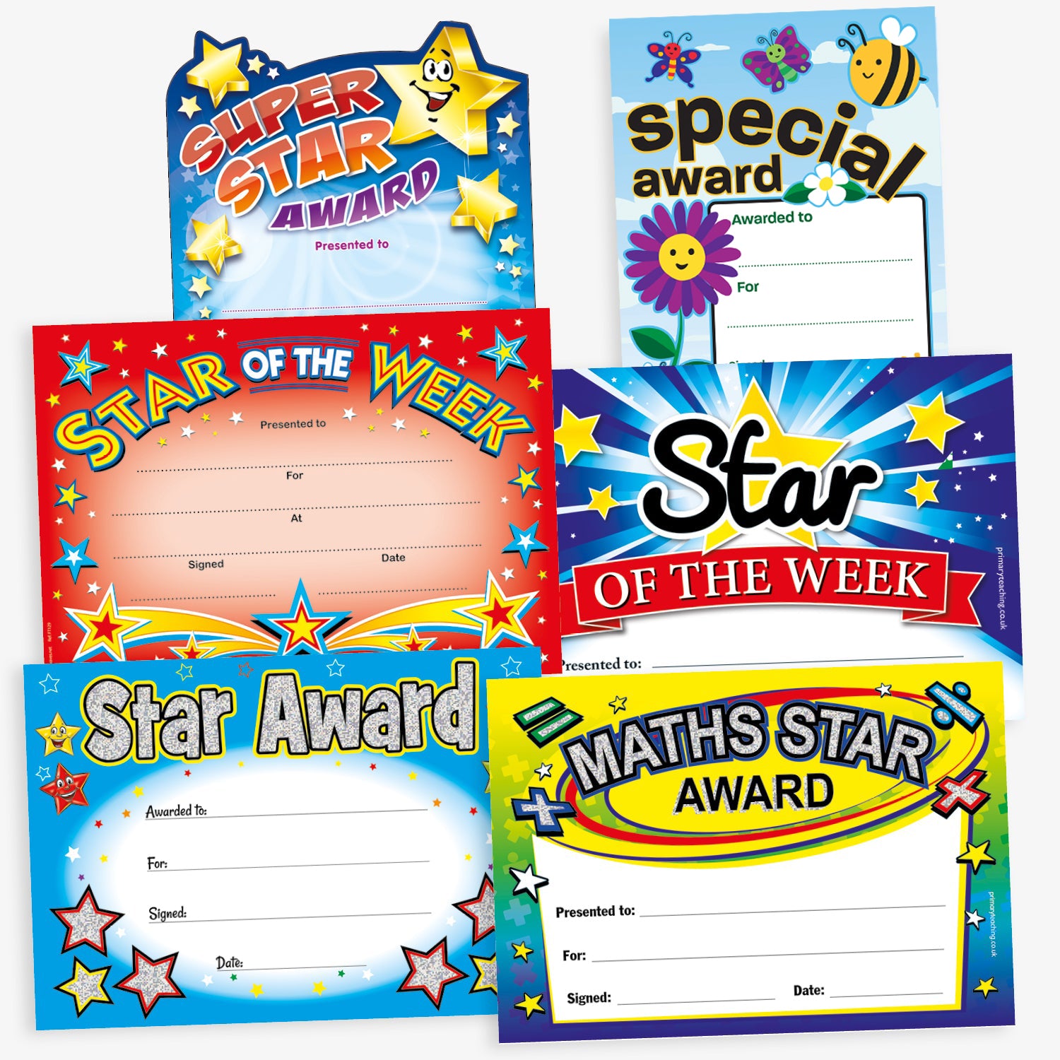 Assortment of 6 vibrant certificates, including phrases such as 'Special Award', 'Star of the Week', Maths Star Award', 'Star Award' and 'Super Star Award'