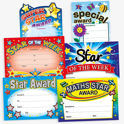 Assortment of 6 vibrant certificates, including phrases such as 'Special Award', 'Star of the Week', Maths Star Award', 'Star Award' and 'Super Star Award'