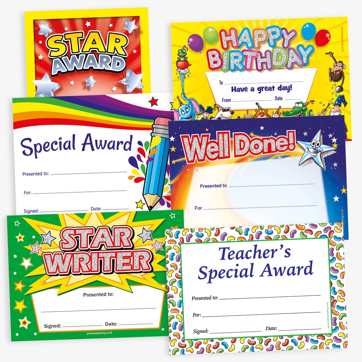 Assortment of 6 vibrant certificates, including phrases such as 'Teacher's Special Award', 'Special Award', 'Star Award', 'Star Writer', 'Happy Birthday' and 'Well Done'