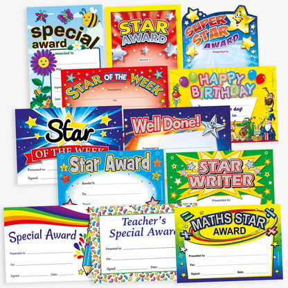 Assortment of 12 vibrant certificates, including phrases such as 'Special Award', 'Star of the Week', Maths Star Award', 'Star Writer', 'Happy Birthday' and 'Well Done'