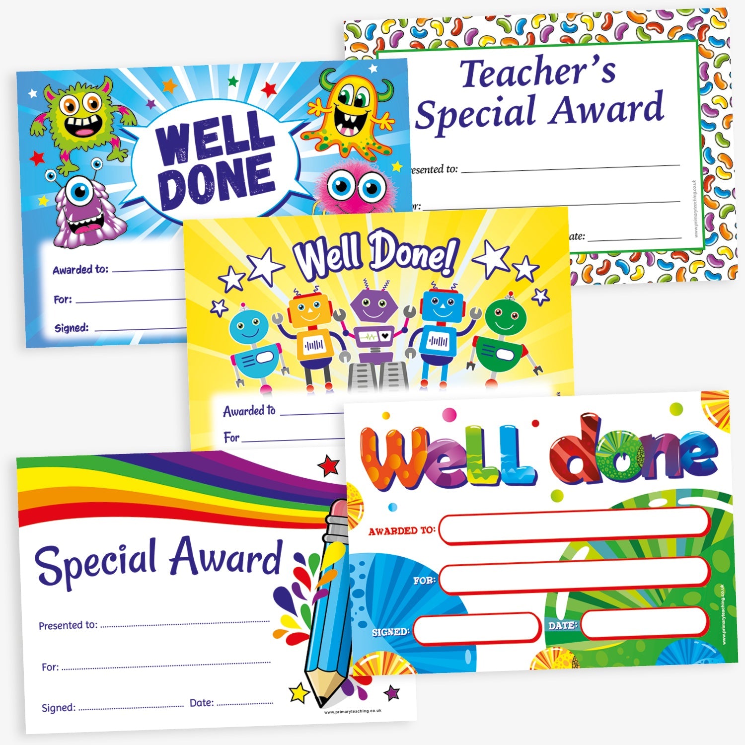 A set of 100 A5-sized scented certificates featuring vibrant designs with phrases like 'Well Done' and 'Teacher's Special Award'; each certificate is infused with a pleasant scent to enhance the reward experience; designed to celebrate and motivate pupils for their achievements in educational settings.