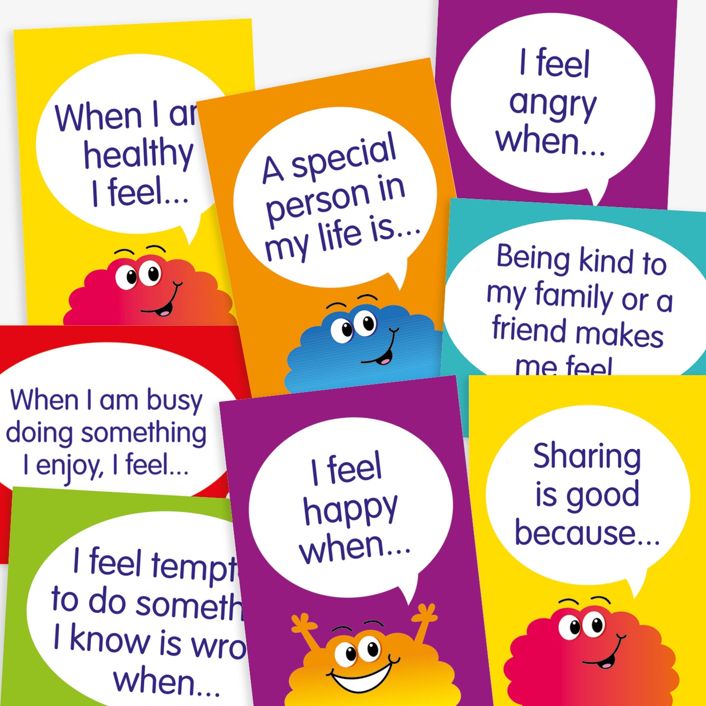 A selection of colourful cards designed to prompt conversations and self-reflection in children. Each card features a speech bubble with a sentence starter, such as 'When I am healthy I feel...', 'I feel angry when...', 'A special person in my life is...', 'I feel happy when...', and 'Sharing is good because...'. The cards are in bright colours like yellow, purple, orange, and blue, and each has a smiling cartoon cloud character.