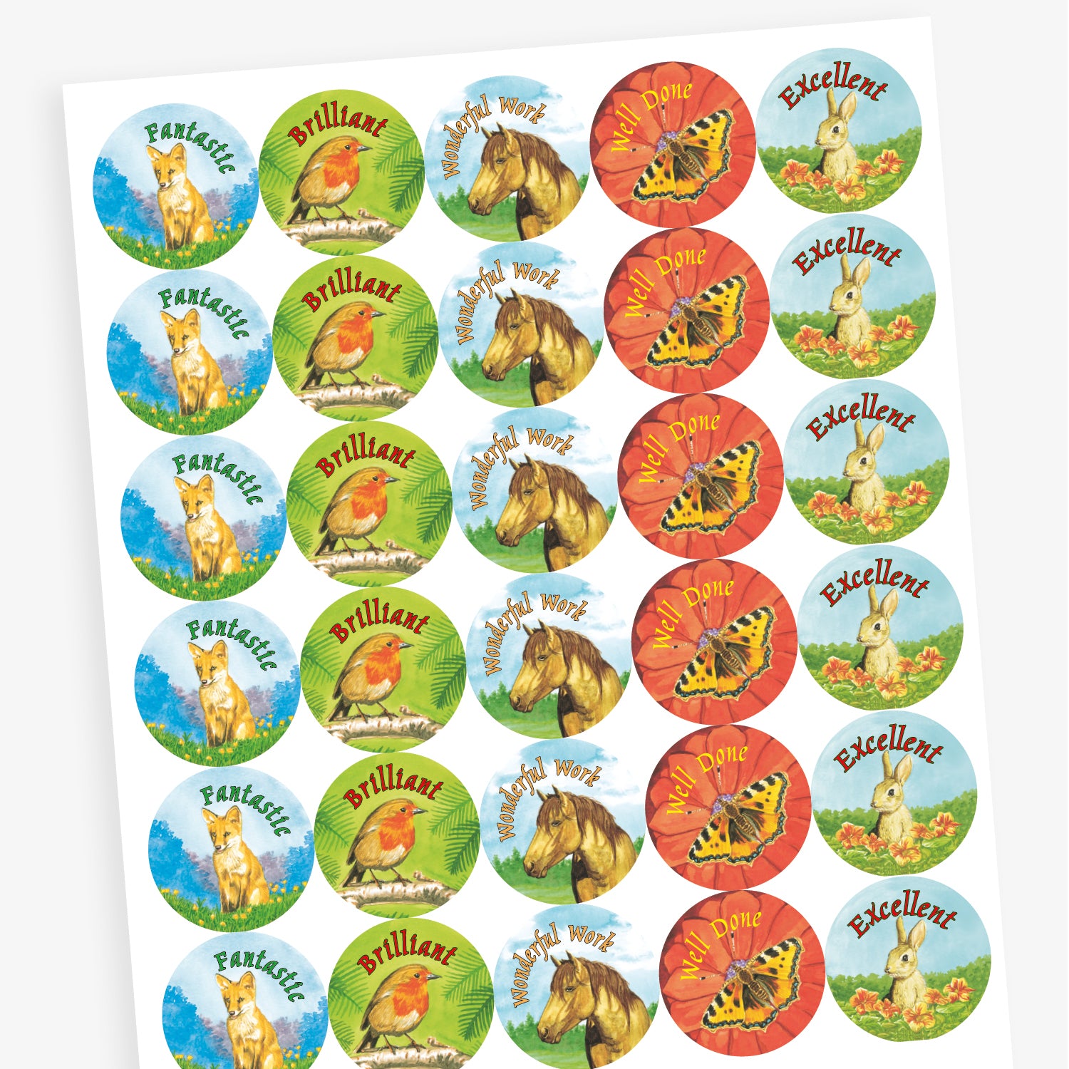 A sheet of circular reward stickers featuring realistic animal illustrations and motivational phrases. Designs include a rabbit with 'Excellent', a butterfly with 'Well Done', a fox with 'Fantastic', a horse with 'Wonderful Work', and a robin with 'Brilliant'. The backgrounds are soft and natural, giving the stickers a gentle, countryside theme.