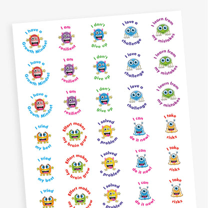 A sheet of circular growth mindset stickers featuring colourful cartoon monsters and motivational phrases. Phrases include: 'I have a Growth Mindset', 'I am resilient', 'I love a challenge', 'Effort makes my brain grow', 'I learn from my mistakes', 'I tried my best', 'I solved a problem', 'I take risks', and 'I can do it now'. Each sticker has a unique monster character and a different bright colour scheme.