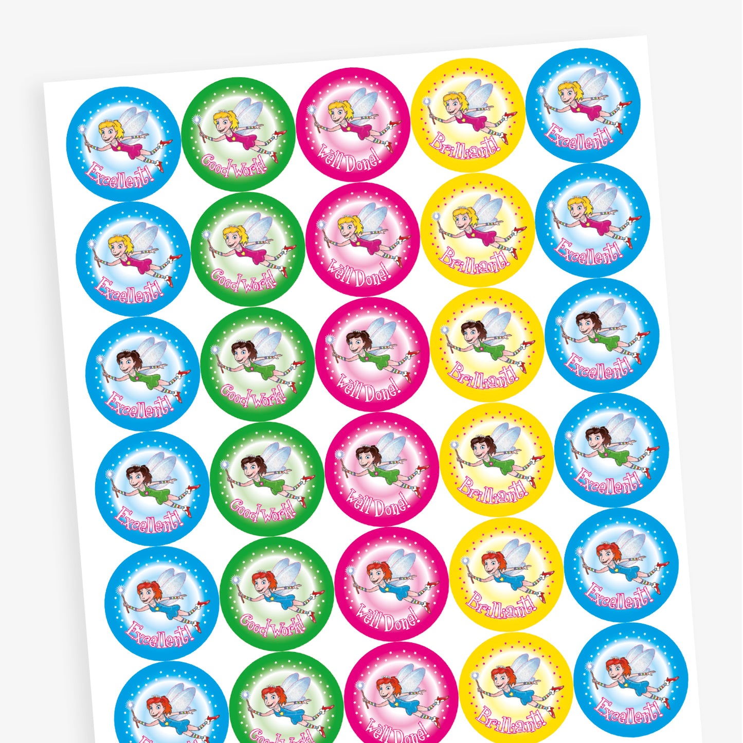 Overview of a sheet of bright coloured reward stickers in cyan, magenta, green and yellow, featuring a a range of flying fairies with a wand. Messages include 'Well Done', 'Brilliant', 'Good Work' and 'Excellent'.