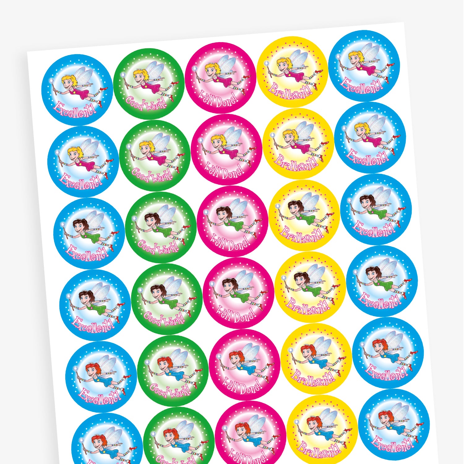 Overview of a sheet of bright coloured reward stickers in cyan, magenta, green and yellow, featuring a a range of flying fairies with a wand. Messages include 'Well Done', 'Brilliant', 'Good Work' and 'Excellent'.