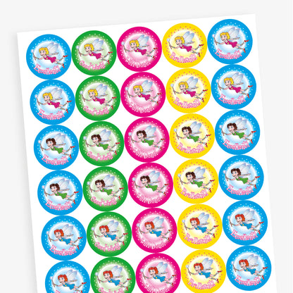 Overview of a sheet of bright coloured reward stickers in cyan, magenta, green and yellow, featuring a a range of flying fairies with a wand. Messages include 'Well Done', 'Brilliant', 'Good Work' and 'Excellent'.