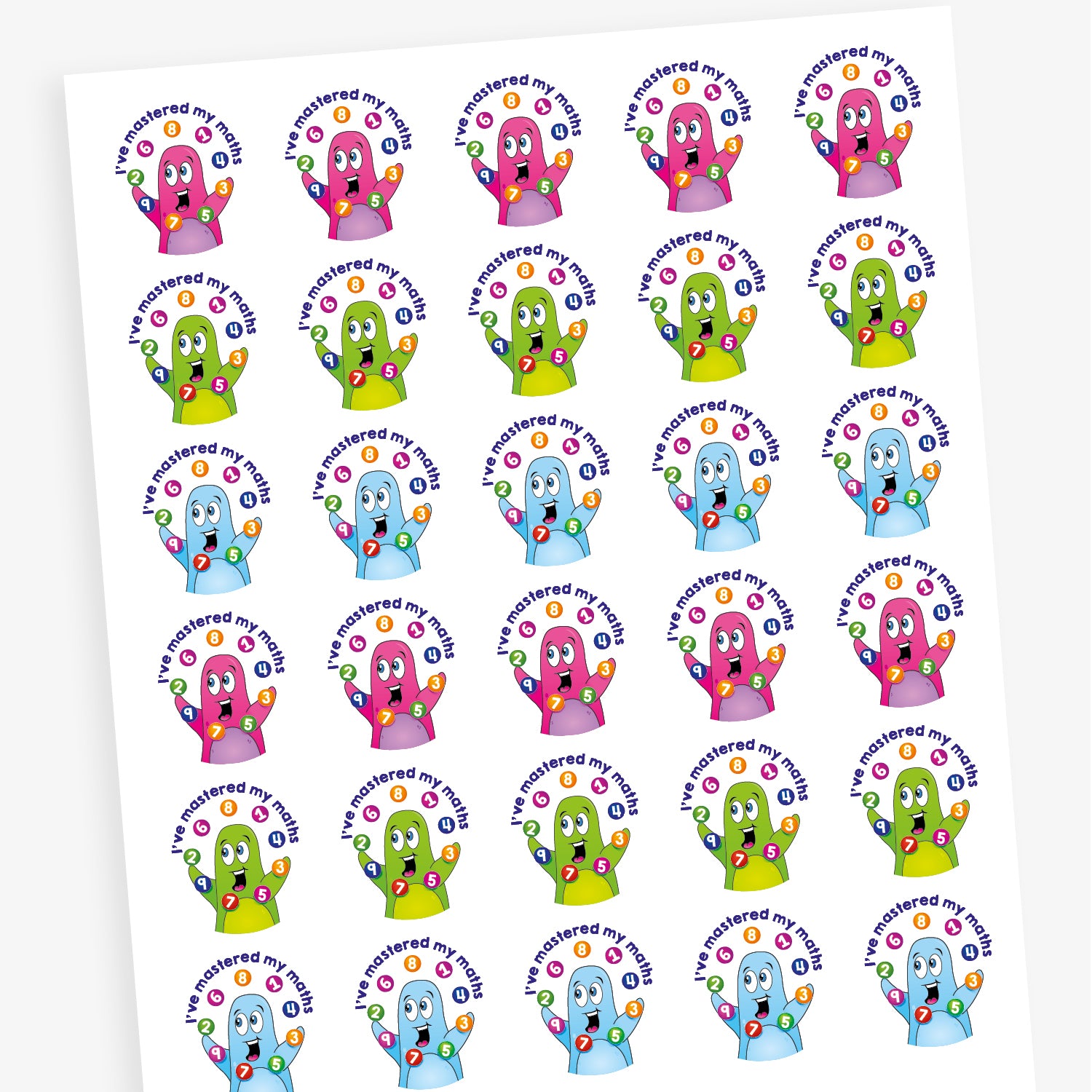 A sheet of circular reward stickers featuring colourful cartoon characters with raised hands juggling numbered circles. The text on each sticker reads 'I've mastered my maths' in bold blue letters. The characters appear in various bright colours including pink, green, and blue, celebrating achievement in mathematics.