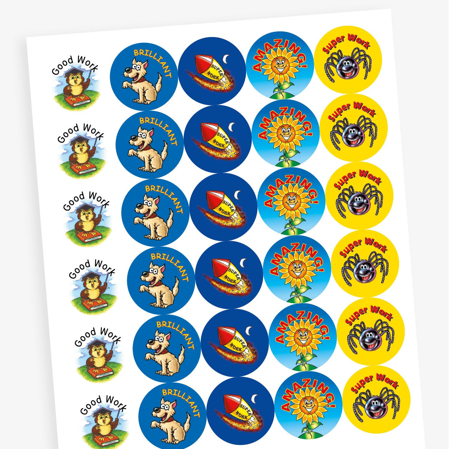Overview of a sheet of reward stickers featuring a variety of fun characters including a mortarboard wearing owl on a book, a smiling spider, sunflower, rocket and dog with it's paw raised. Messages include 'Brilliant', 'Amazing', 'Good Work' and 'Super Work'.
