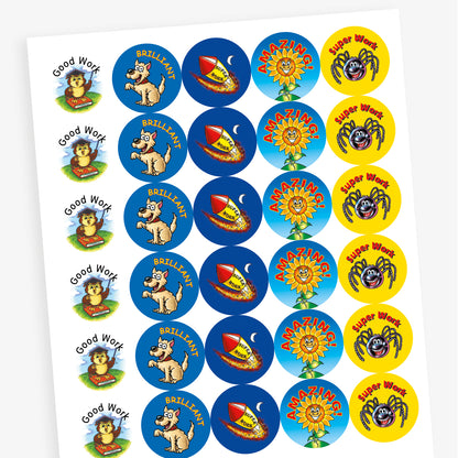 Overview of a sheet of reward stickers featuring a variety of fun characters including a mortarboard wearing owl on a book, a smiling spider, sunflower, rocket and dog with it's paw raised. Messages include 'Brilliant', 'Amazing', 'Good Work' and 'Super Work'.