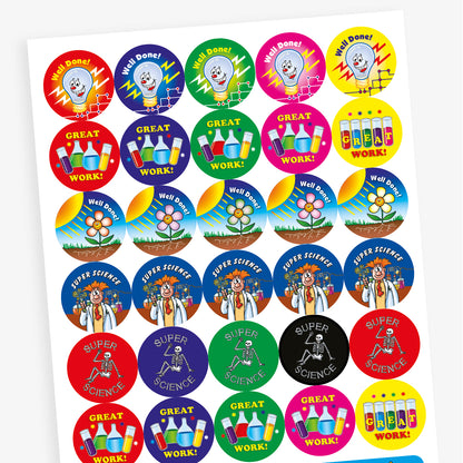 Overview of a sheet of colourful circular science-themed reward stickers. Designs include: a smiling lightbulb with 'Well Done!', a growing plant under the sun, test tubes and beakers with 'GREAT WORK!', a skeleton with 'SUPER SCIENCE', and various bright backgrounds in colours like blue, pink, red, green, and yellow.