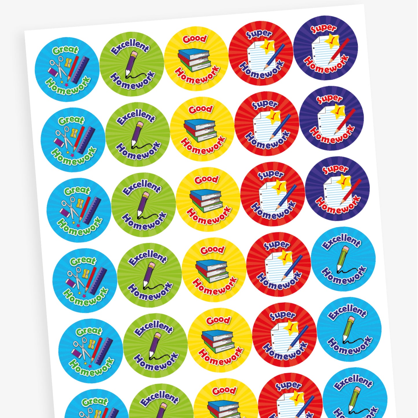 Sheet of 25mm circular reward stickers with vibrant designs and phrases such as 'Great Homework', 'Excellent Homework', 'Good Homework', and 'Super Homework', each featuring illustrations like pencils, books, or paper; designed to commend pupils for outstanding homework submissions.