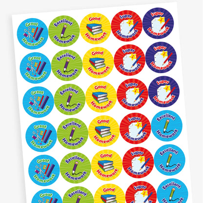 Sheet of 25mm circular reward stickers with vibrant designs and phrases such as 'Great Homework', 'Excellent Homework', 'Good Homework', and 'Super Homework', each featuring illustrations like pencils, books, or paper; designed to commend pupils for outstanding homework submissions.
