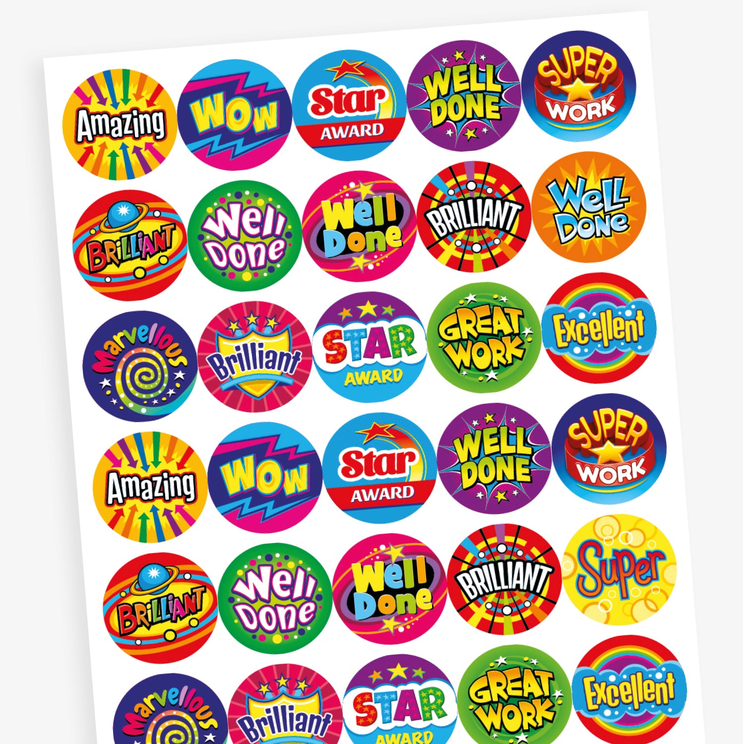 Overview of a sheet of colourful reward stickers featuring a variety of fun designs including solar, arrows, shields, and stars. Messages include 'Well Done', 'Amazing', 'Great', 'Excellent', and 'Great Work'.