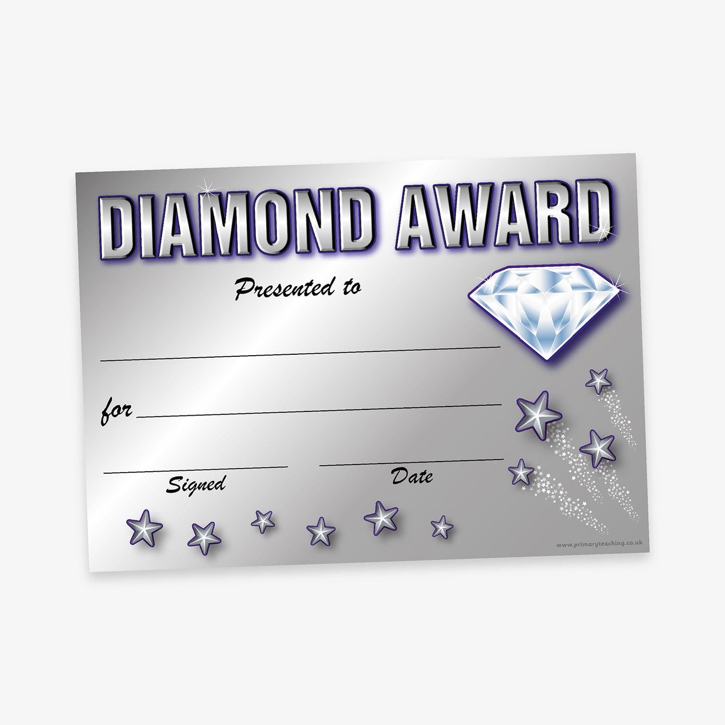 Diamond Award certificate with a silver gradient background. The title 'DIAMOND AWARD' is in large silver block letters with purple keyline at the top. Below are blank lines for 'Presented to', 'For', 'Signed', and 'Date'. Decorative elements include a gleaming diamond, and silver stars scattered across the bottom and right side