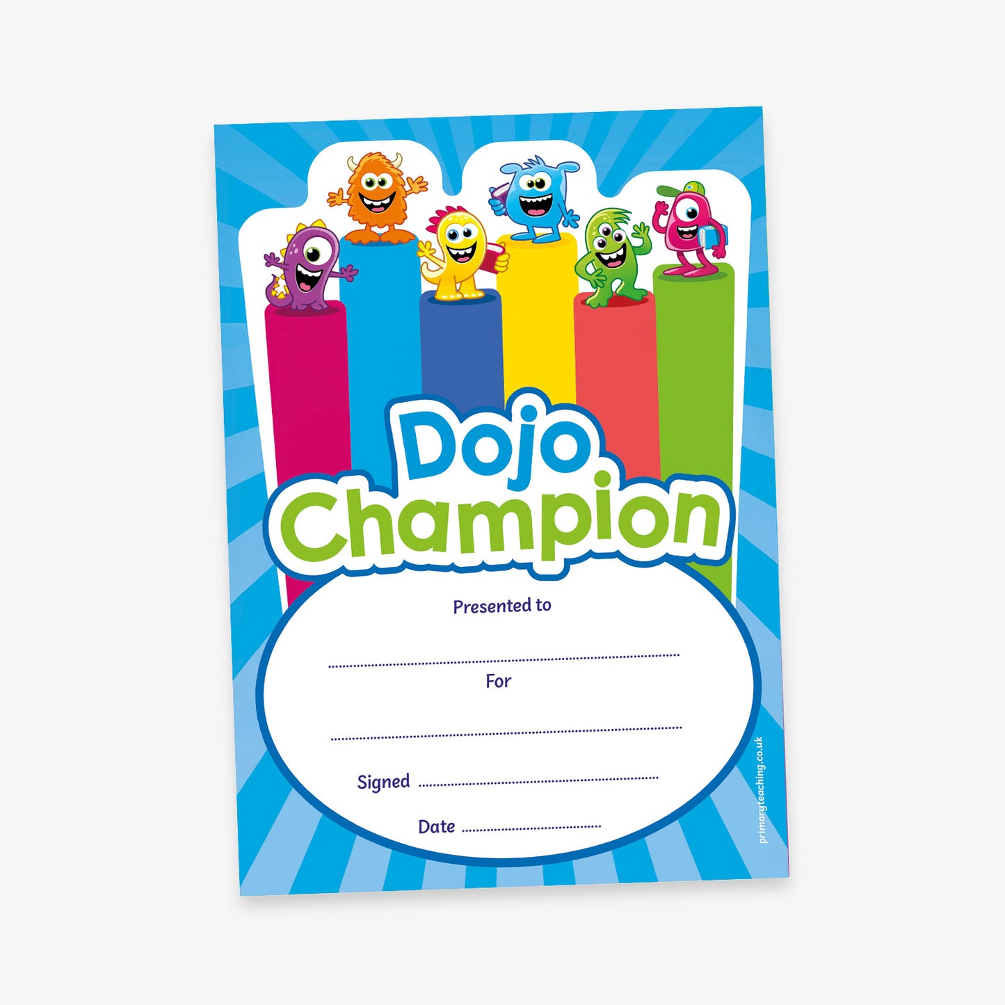 Colourful 'Dojo Champion' certificate with cartoon characters on a blue striped background