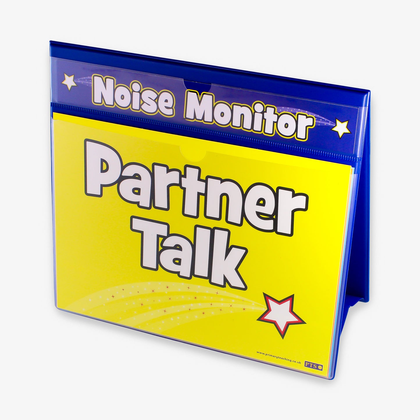 A blue plastic coated 'A-Frame' double sided, landscape worksheet holder.  The top holds a banner card saying 'Noise Monitor' and below is a section holding an A4 insert with a yellow background with the words 'Partner Talk' in white text with a white and red shooting star below.