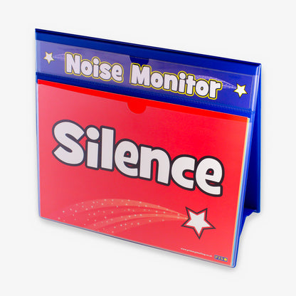 A blue plastic coated 'A-Frame' double sided, landscape worksheet holder.  The top holds a banner card saying 'Noise Monitor' and below is a section holding an A4 insert with a red background with the words 'Silence' in white text with a white and red shooting star below.