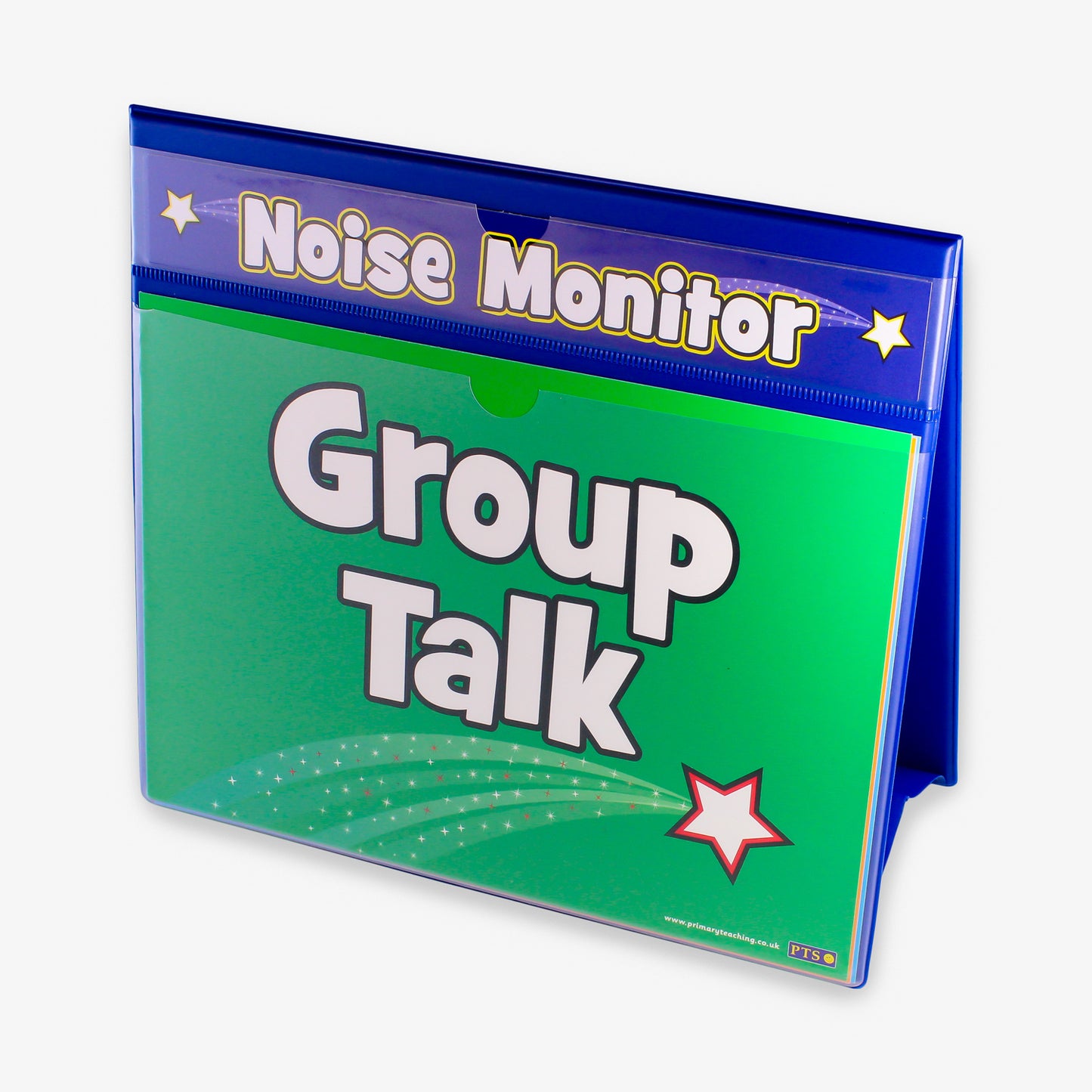A blue plastic coated 'A-Frame' double sided, landscape worksheet holder.  The top holds a banner card saying 'Noise Monitor' and below is a section holding an A4 insert with a green background with the words 'Group Talk' in white text with a white and red shooting star below.