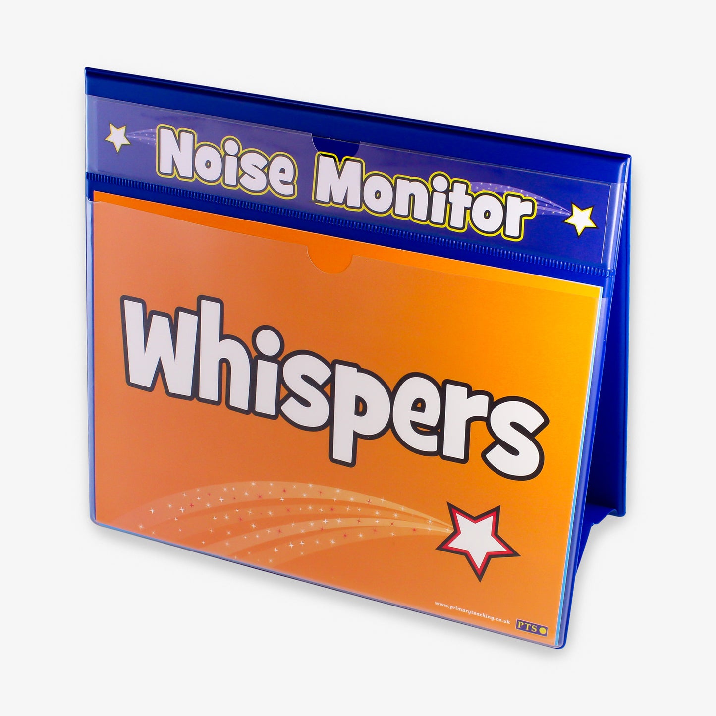A blue plastic coated 'A-Frame' double sided, landscape worksheet holder.  The top holds a banner card saying 'Noise Monitor' and below is a section holding an A4 insert with a orange background with the words 'Whispers' in white text with a white and red shooting star below.