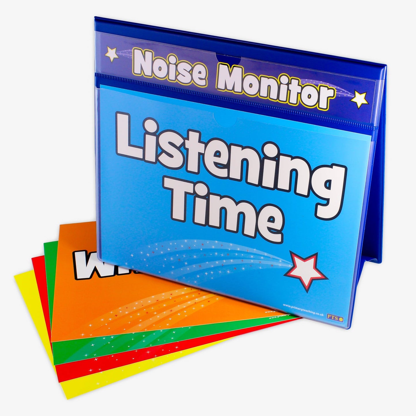 A blue plastic coated 'A-Frame' double sided, landscape worksheet holder.  The top holds a banner card saying 'Noise Monitor' and below is a section holding an A4 insert with a cyan background with the words 'Listening Time' in white text with a white and red shooting star below.