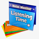 A blue plastic coated 'A-Frame' double sided, landscape worksheet holder.  The top holds a banner card saying 'Noise Monitor' and below is a section holding an A4 insert with a cyan background with the words 'Listening Time' in white text with a white and red shooting star below.