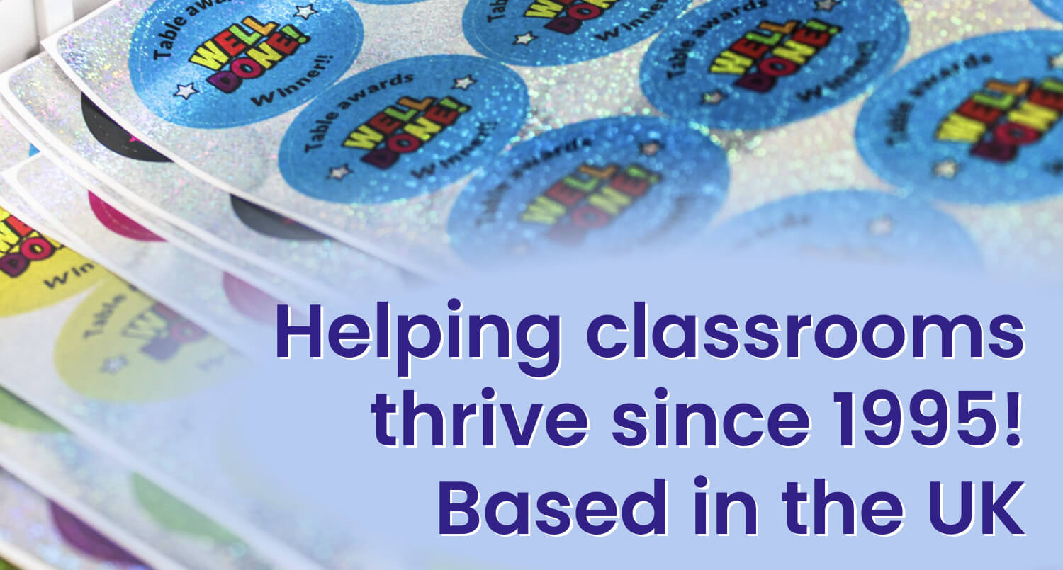 Stack of colorful stickers with text 'Helping classrooms thrive since 1995! Based in the UK' on a white background.