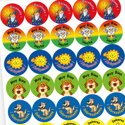 A sheet of circular Spanish stickers including a happy dog with the text '¡Sobresaliente!; a smiling tiger with the text 'Muy Bien'; a cartoon football with the text 'Muy Bien Hecho'; and a polar bear giving a thumbs up with the text '¡Fantástico!'