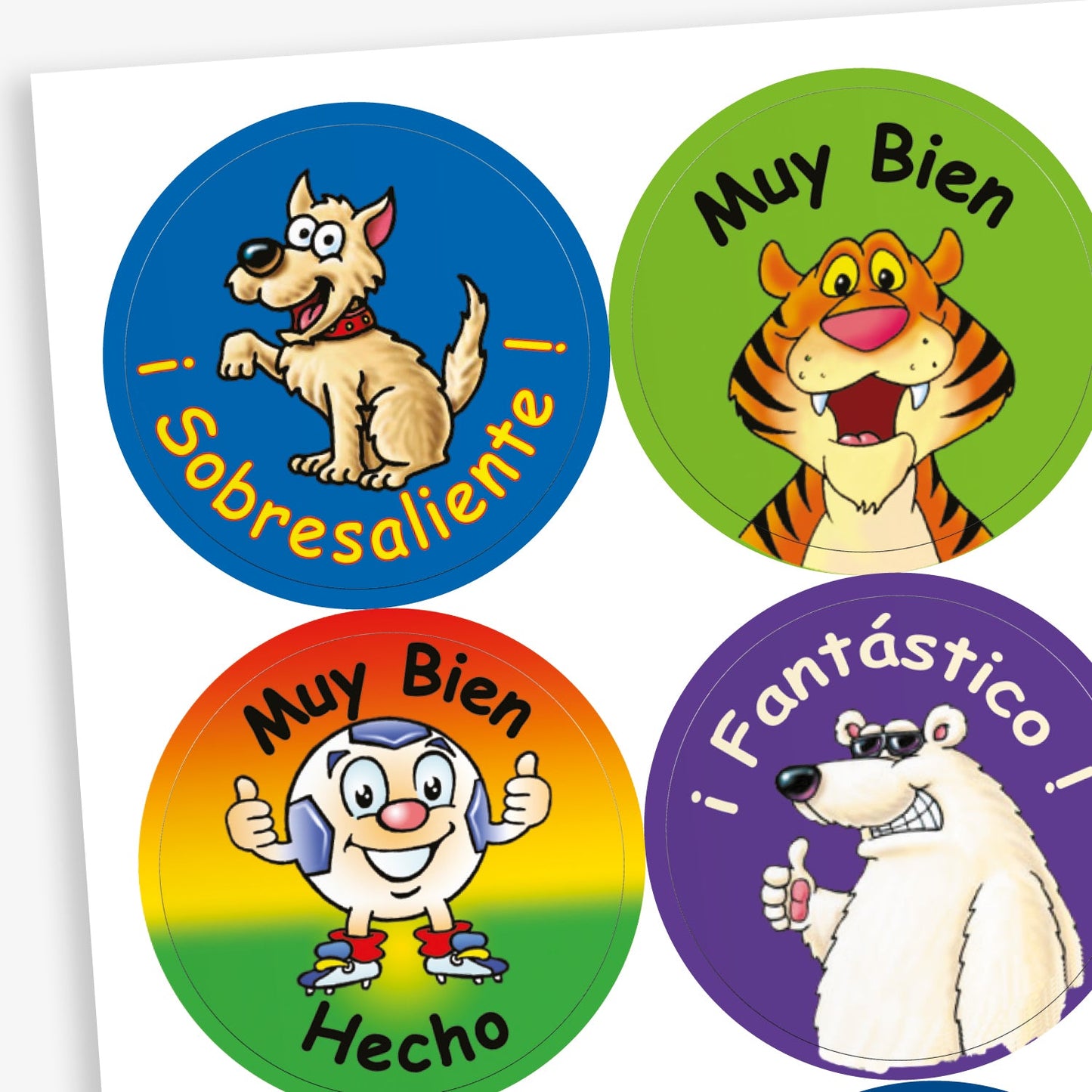 A sheet of circular Spanish stickers including a happy dog with the text '¡Sobresaliente!; a smiling tiger with the text 'Muy Bien'; a cartoon football with the text 'Muy Bien Hecho'; and a polar bear giving a thumbs up with the text '¡Fantástico!'