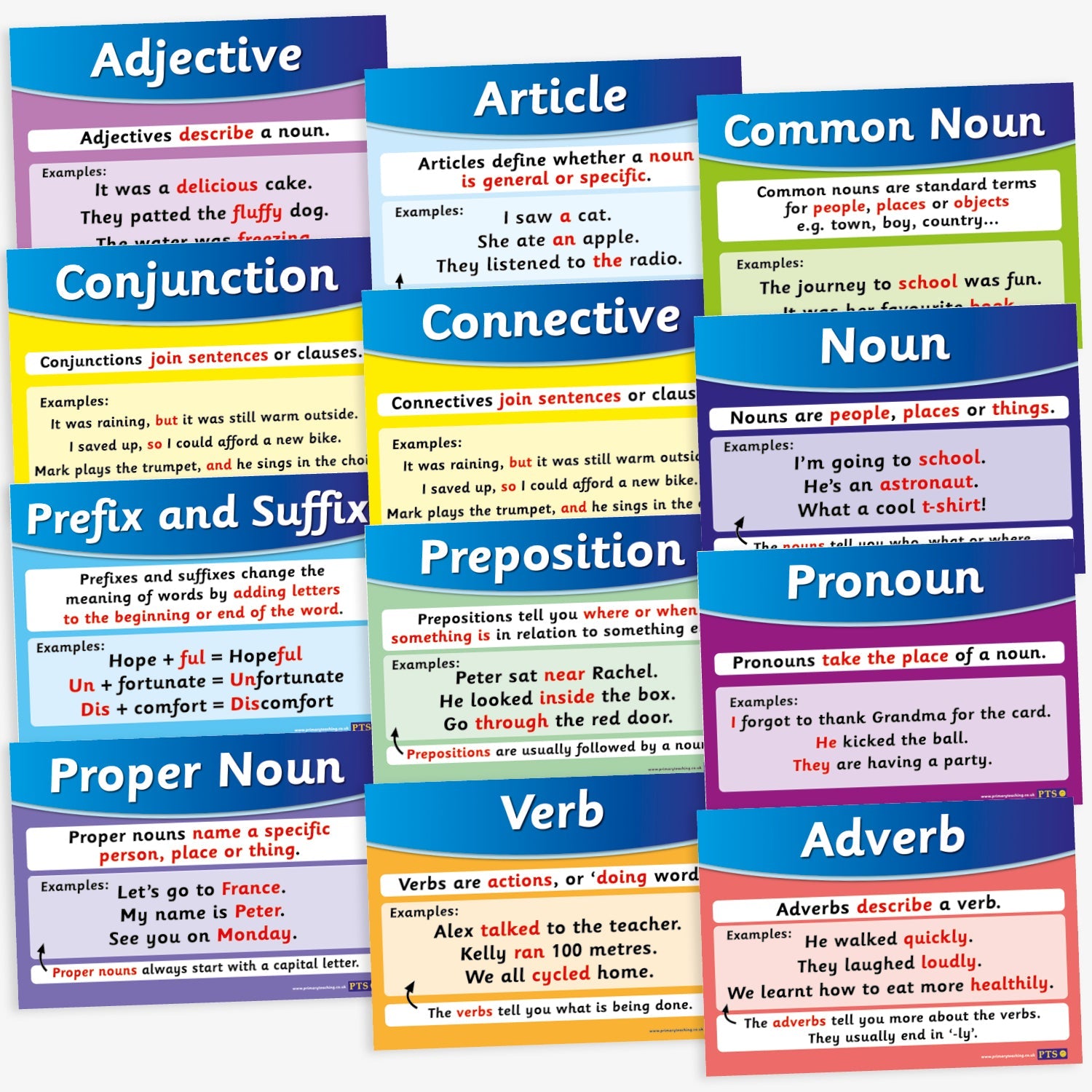 Set of 12 A4-sized educational posters, each focusing on a different grammar topic such as nouns, verbs, adjectives, and conjunctions. Each poster features a colourful background with bold headings, clear definitions, and illustrative examples designed to support literacy learning