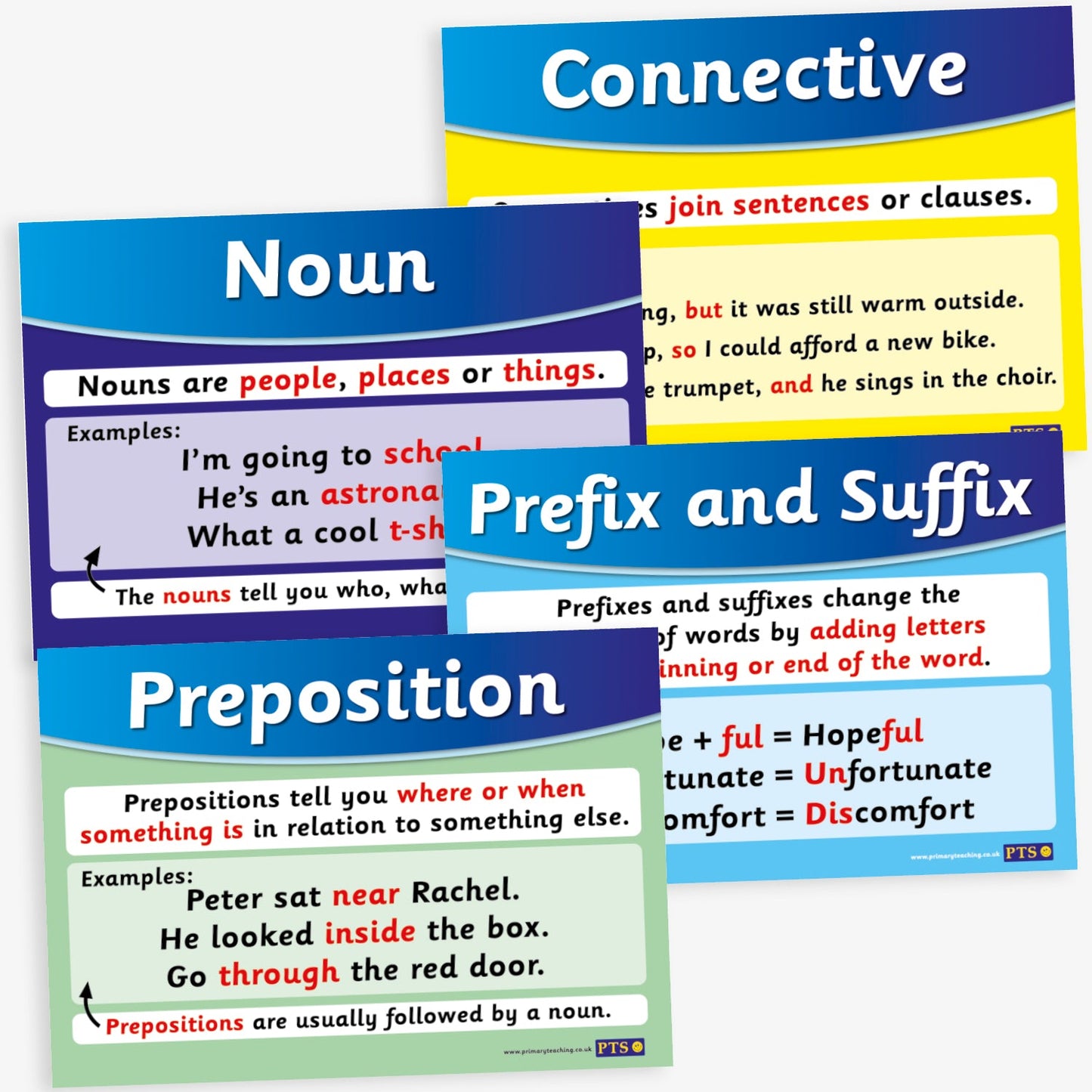 Set of 4 A4-sized educational posters, each focusing on a different grammar topic including Connective, Noun, Prefix and Suffix and Preposition. Each poster features a colourful background with bold headings, clear definitions, and illustrative examples designed to support literacy learning