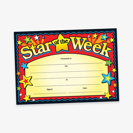 Star of the Week' certificate with bold red, yellow, and blue design, surrounded by colourful cartoon stars. Includes fields for recipient name, reason, location, date, and signature.