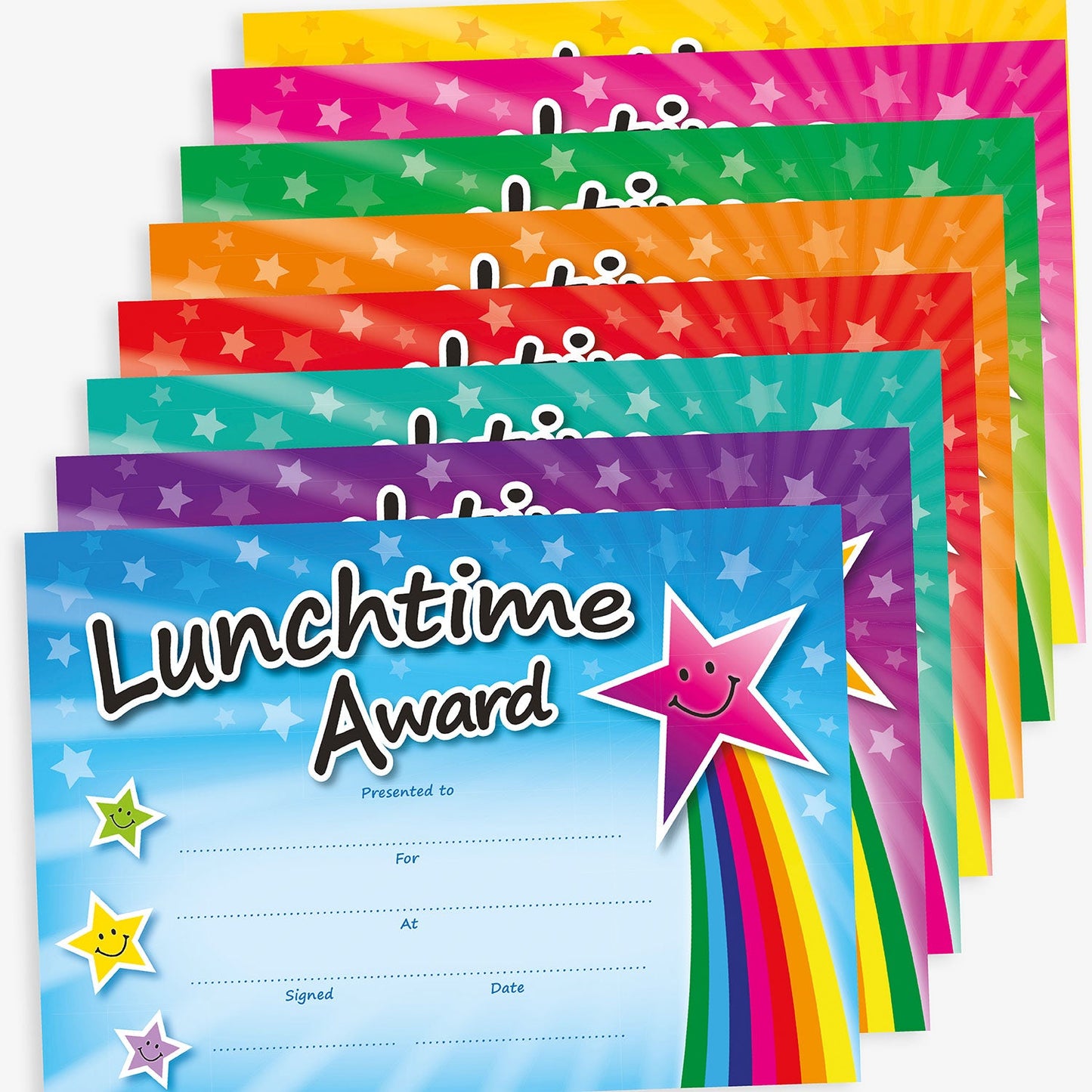 A stack of colourful ‘Lunchtime Award’ certificatesassorted bright colours. The front certificate shows a blue starburst effect with a purple, smiiling shooting star, emitting a rainbow, vertically up the right hand side.  The heading reads ‘Lunchtime Award’, blank lines for the recipient’s name, reason, place, signature and date, alongside three smaller smiling stars. Star accents decorate each certificate.