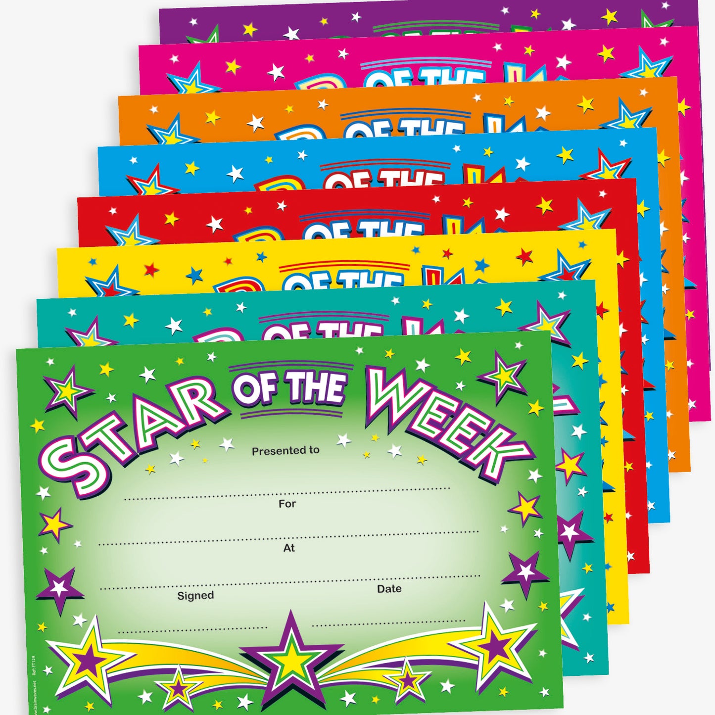 Set of colourful 'Star of the Week' certificates in various vibrant colours including green, yellow, red, blue, orange, and purple. Each certificate features a starburst design with space to write the recipient's name, reason for the award, location, signature, and date.