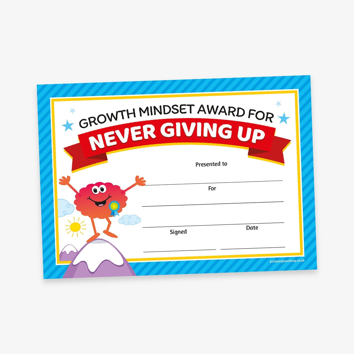 Fun and colourful 'Growth Mindset Award for Never Giving Up' certificate with a cyan striped border and yellow trim. The top features bold black and red text with star accents. A cheerful cartoon brain character atop a mountain appears on the left. The certificate includes blank lines for 'Presented to', 'For', 'Signed', and 'Date'.