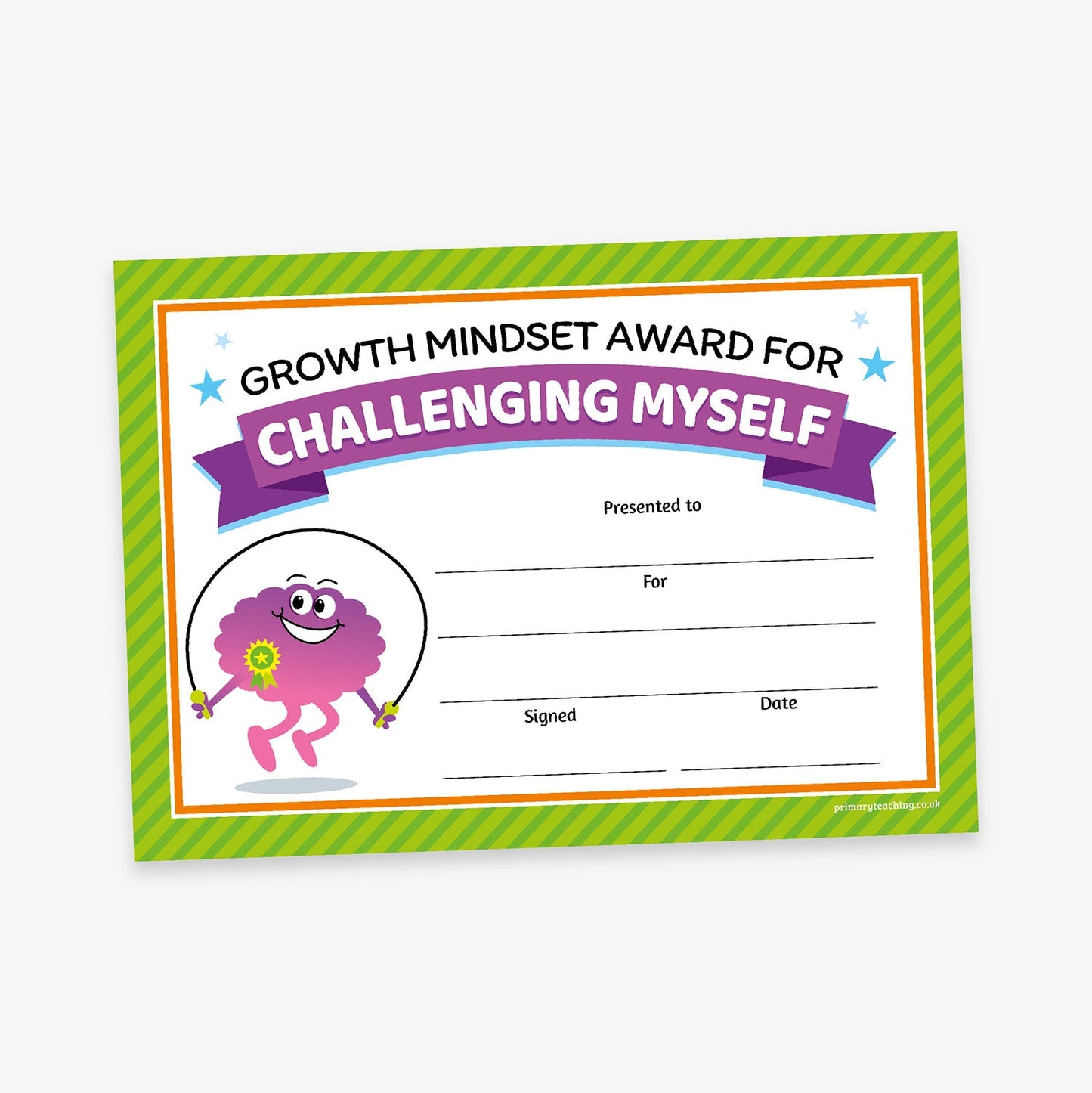 Fun and colourful 'Growth Mindset Award for Challenging Myself' certificate with a green striped border and orange trim. The top features bold black and purple text with star accents. A cheerful cartoon brain character skipping rope appears on the left. The certificate includes blank lines for 'Presented to', 'For', 'Signed', and 'Date'.