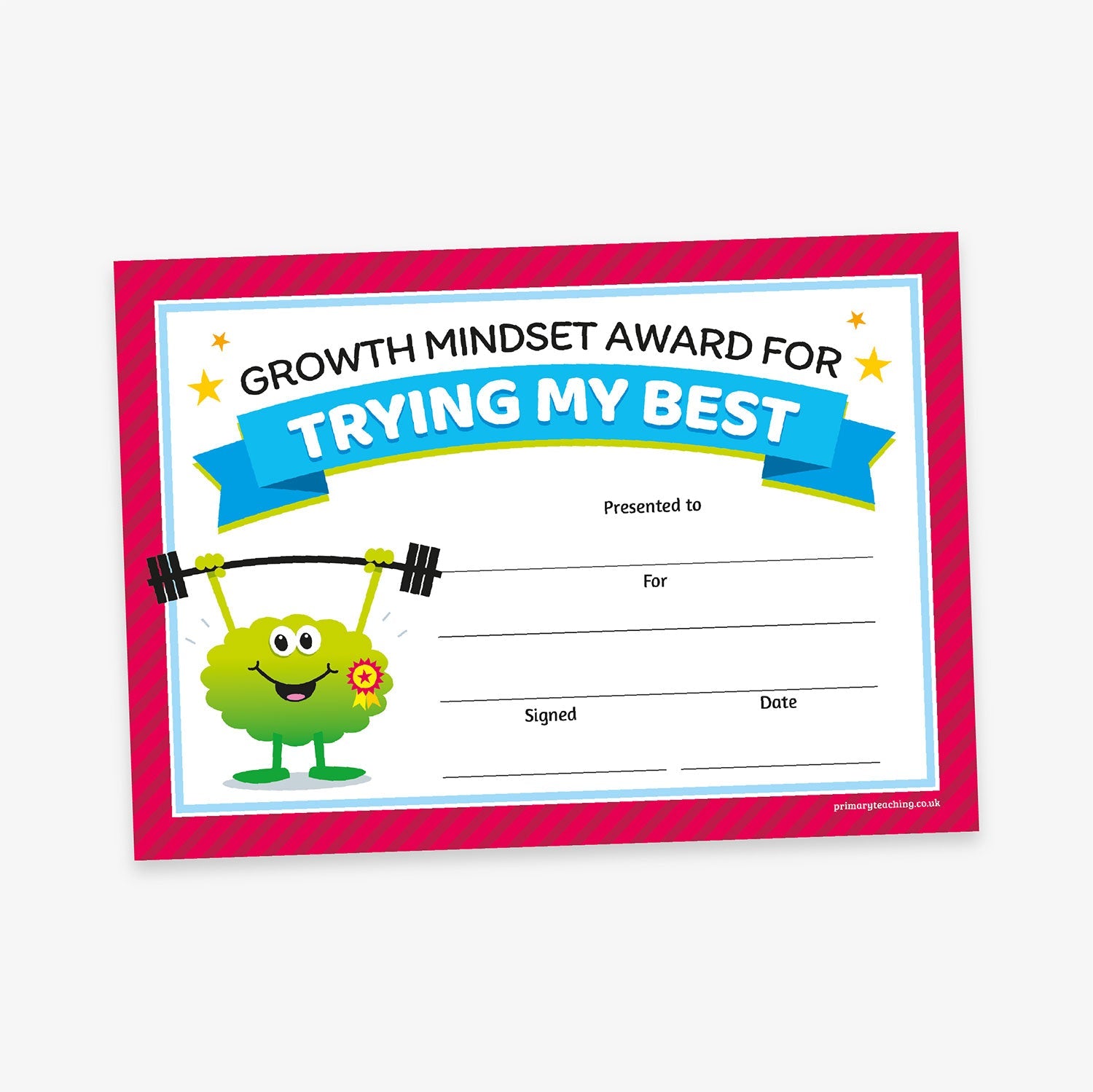 Fun and colourful 'Growth Mindset Award for Trying My Best' certificate with a pink striped border and blue trim. The top features bold black and cyan text with star accents. A cheerful cartoon brain character lifting weights appears on the left. The certificate includes blank lines for 'Presented to', 'For', 'Signed', and 'Date'.