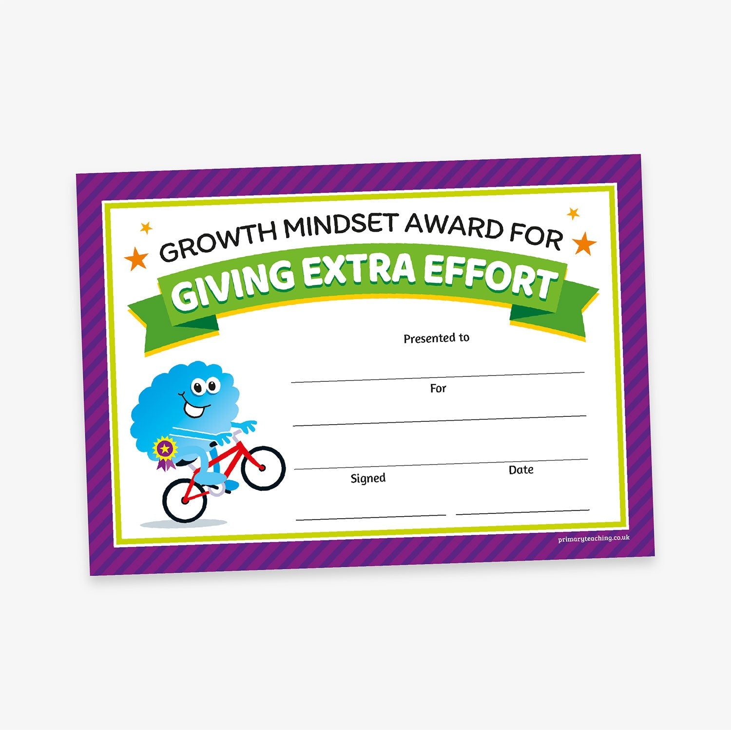 Fun and colourful 'Growth Mindset Award for Giving Extra Effort' certificate with a purple striped border and lime green trim. The top features bold black and green text with star accents. A cheerful cartoon brain character on a bike appears on the left. The certificate includes blank lines for 'Presented to', 'For', 'Signed', and 'Date'.