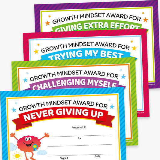 Selection of fun and colourful 'Growth Mindset Award for' certificates including 'Challenging Myself', 'Never Giving Up', 'Trying My Best' and 'Giving Extra Effort'. The top features bold black text with star accents. A cheerful cartoon brain character appears on the left. The certificates include blank lines for 'Presented to', 'For', 'Signed', and 'Date'.