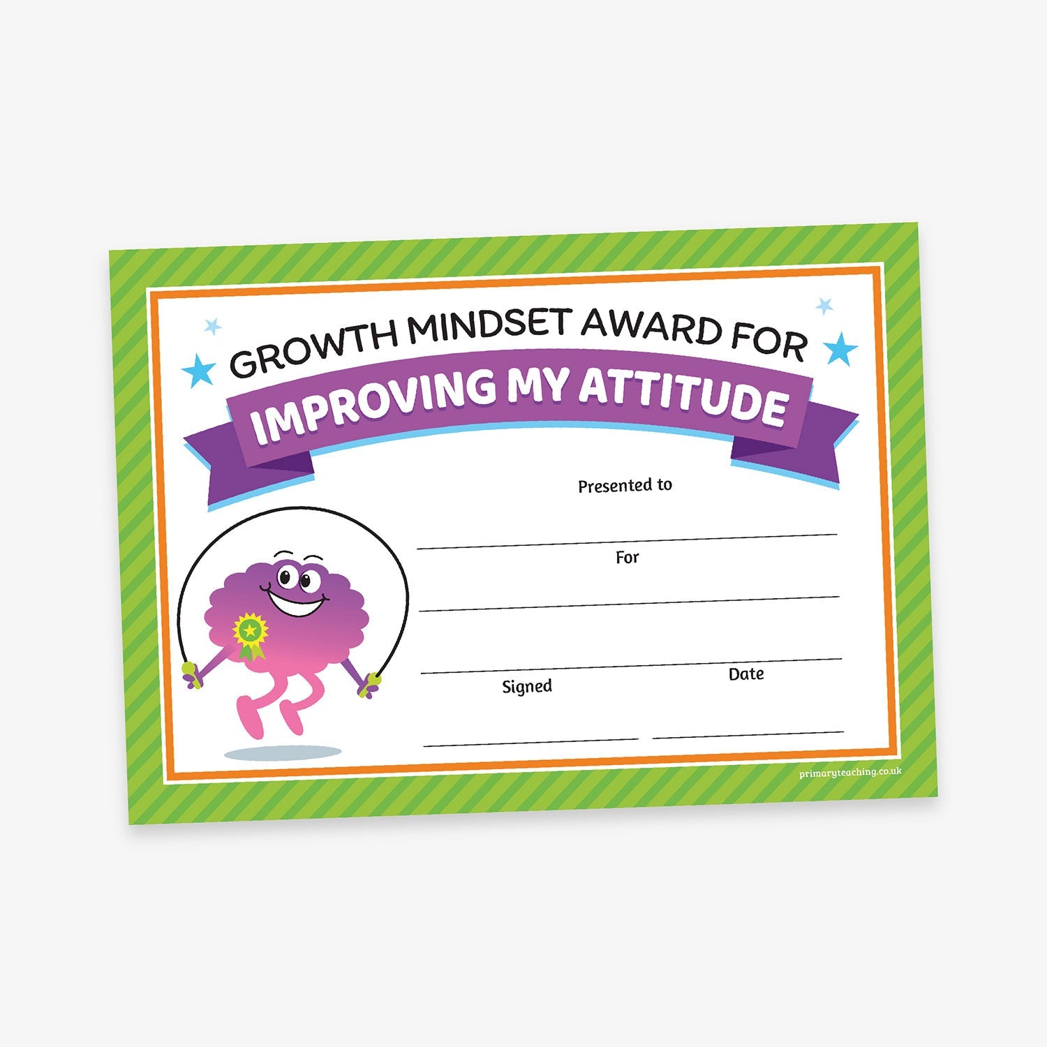 Fun and colourful 'Growth Mindset Award for Improving My Attitude' certificate with a green striped border and orange trim. The top features bold black and purple text with star accents. A cheerful cartoon brain character skipping rope appears on the left. The certificate includes blank lines for 'Presented to', 'For', 'Signed', and 'Date'.