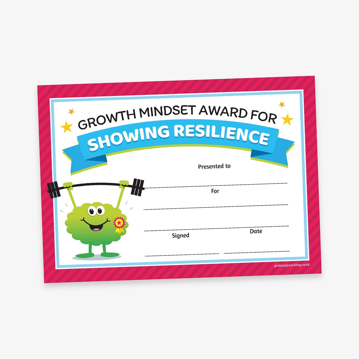 Fun and colourful 'Growth Mindset Award for Showimg Resilience' certificate with a pink striped border and cyan trim. The top features bold black and cyan text with star accents. A cheerful cartoon brain character lifting weights appears on the left. The certificate includes blank lines for 'Presented to', 'For', 'Signed', and 'Date'.