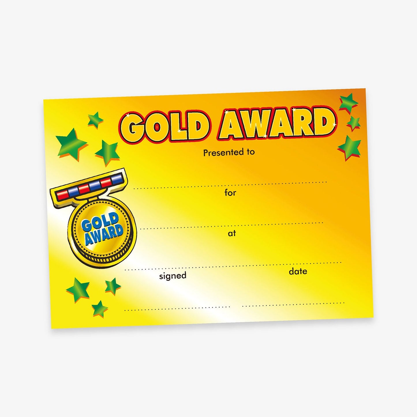 Gold Award certificate with a yellow to orange gradient background. The title 'GOLD AWARD' is in large gold block letters with red keyline at the top. Below are blank lines for the recipient's name, reason for award, place of award, signature, and date. Decorative elements include a medal with 'GOLD AWARD' and green stars scattered down the left side and top right corner.