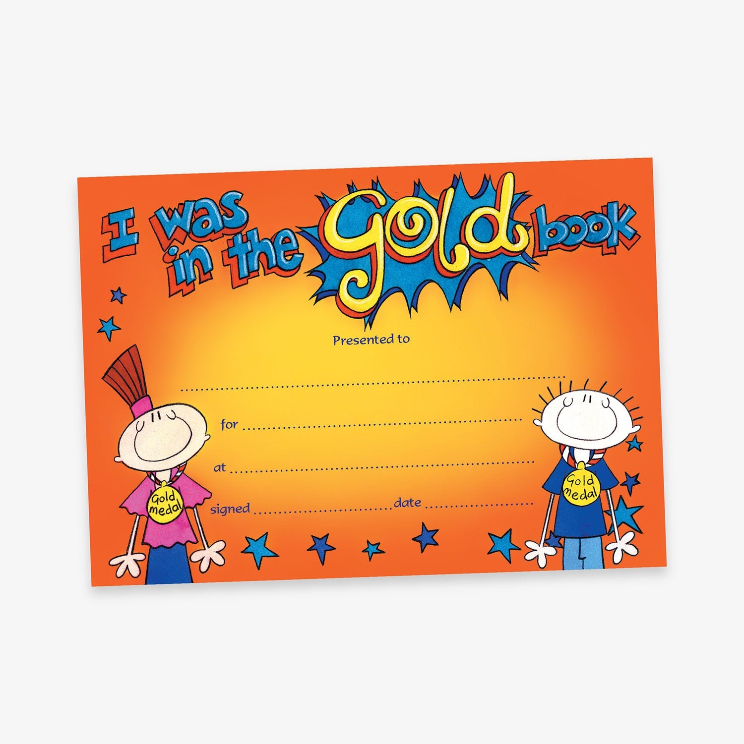 A brightly coloured certificate with an orange background and playful cartoon design. The heading reads 'I was in the Gold Book' in large, bold, and stylised lettering, with the word 'Gold' highlighted in yellow and outlined in blue. Two cartoon children wearing 'Gold Book' shirts are shown on either side. There are blank lines for 'Presented to', 'for', 'at', 'signed', and 'date', surrounded by stars in blue, red, and yellow.