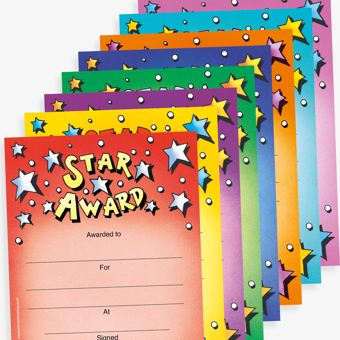 A colourful  'Star Award' certificates with a red background. The certificate is decorated with stars and white dots, and features comic-style text. There are blank lines for 'Awarded to', 'For', 'At', and 'Signed'